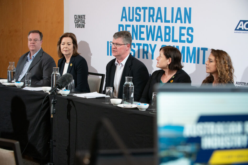  Featured image: John Grimes, Michele O'Neil, Tim Buckley, Kelly O'Shanassy, Karrina Nolan at the Australian Renewables Industry Summit in Canberra. Image courtesy of Ogilvy. 