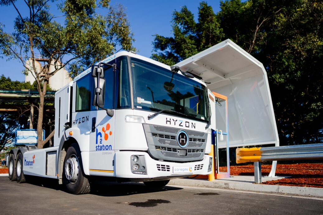 A Coregas hydrogen fueled truck at the H2Station