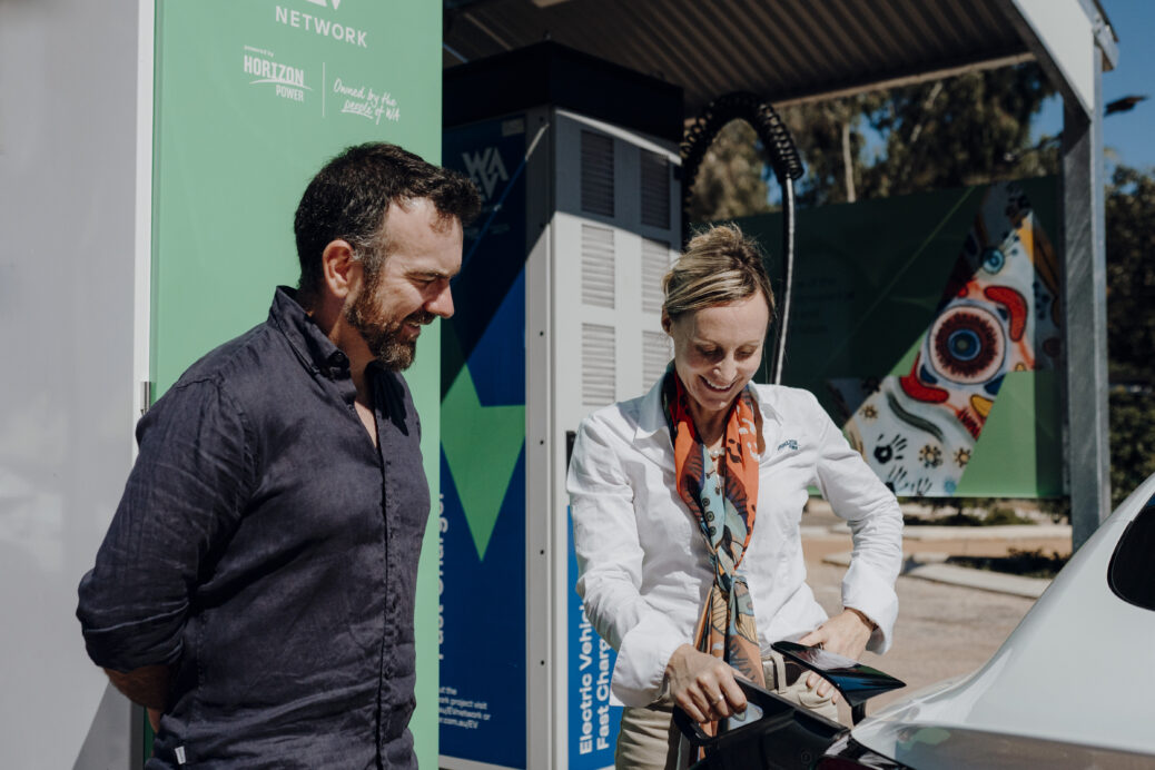 Broome resident and EV owner, Dylan Cross with Horizon Power CEO, Stephanie Unwin, charging Dylan’s EV at the launch of the Broome fast charger, part of the WA EV Network