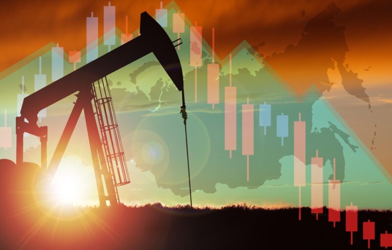A graphic of a graph with an oil rig silhouette in the background.