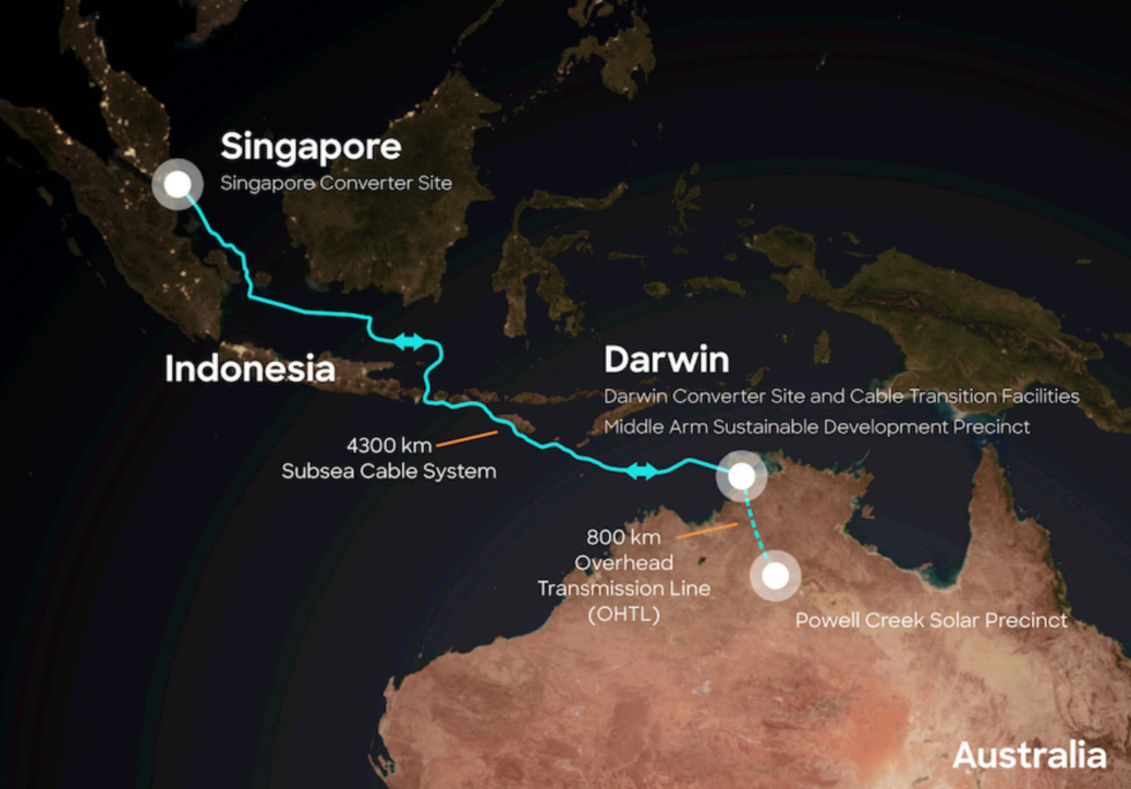 A map graphic of the deepsea cable between Darwin and Singapore